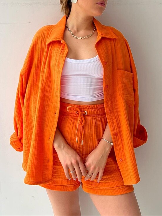 Harmony In Nature Tops - Joanna Button Up Shirt & Shorts Set - Orange